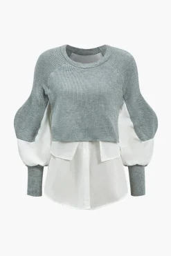 MICAS Knitwear|Knit Tops-Knit Patchwork Sweater Long-Sleeve Top