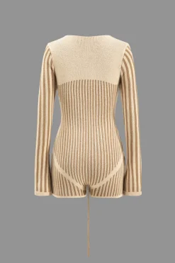 MICAS Knitwear-Knit Patchwork Tie-Up V-Neck Long Sleeve Romper KHAKI