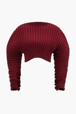 MICAS Knit Tops-Knit Ruched Detail Long-Sleeve Cropped Top BURGUNDY