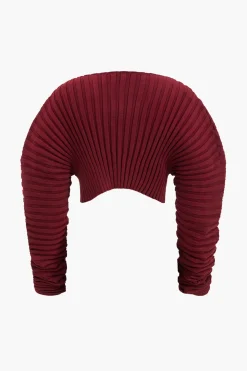 MICAS Knit Tops-Knit Ruched Detail Long-Sleeve Cropped Top BURGUNDY