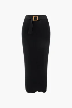 MICAS Knitwear|Knit Sets-Knit Square Neck Crop Tank Top And Buckle Midi Skirt Set BLACK