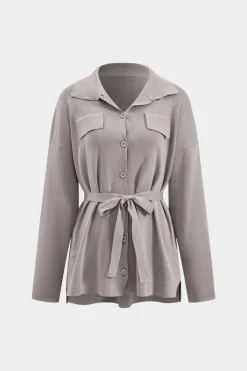 MICAS Knitwear|Knit Sets-Knit Tie-Up Button Pocket Long-Sleeve Top And Trousers Set GRAY