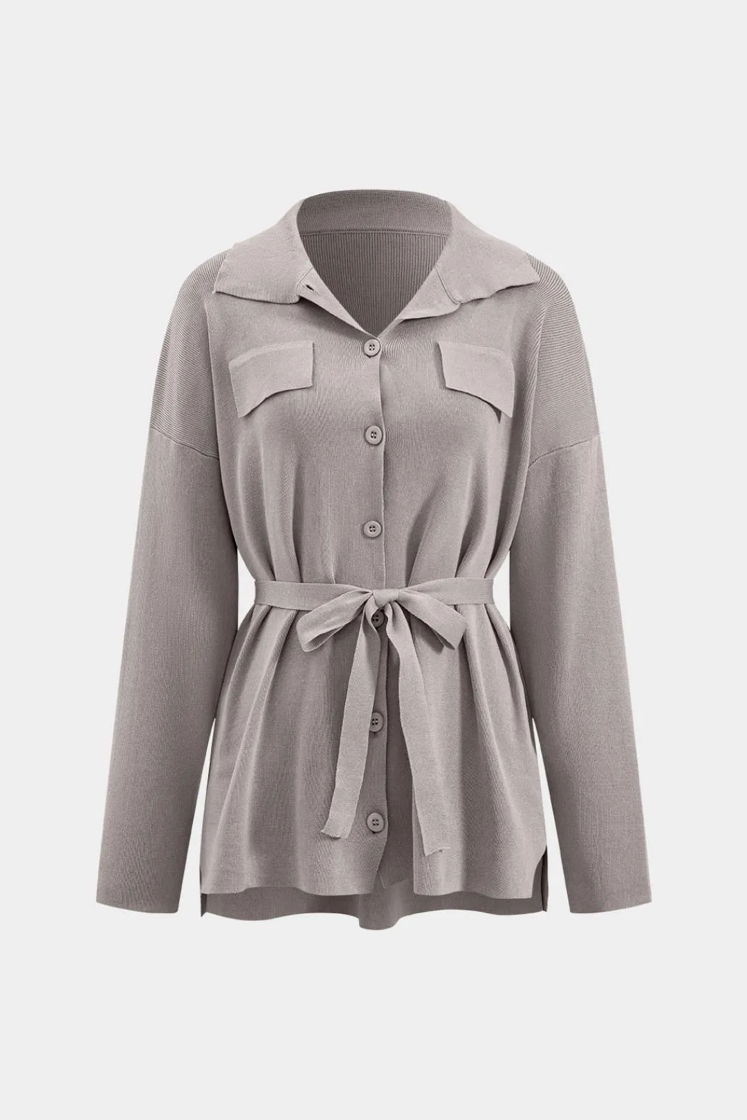 MICAS Knitwear|Knit Sets-Knit Tie-Up Button Pocket Long-Sleeve Top And Trousers Set GRAY