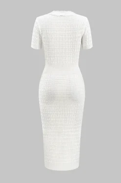 MICAS Knitwear|Knit Dresses-Knit V-Neck Button Short Sleeve Dress