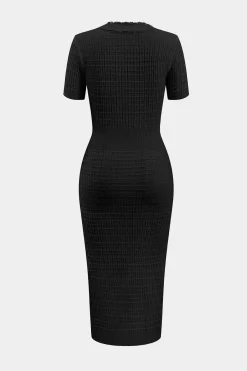 MICAS Knitwear|Knit Dresses-Knit V-Neck Button Short Sleeve Dress