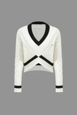 MICAS Knitwear|Knit Tops-Knit V-Neck Patchwork Long-Sleeve Top