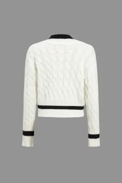 MICAS Knitwear|Knit Tops-Knit V-Neck Patchwork Long-Sleeve Top