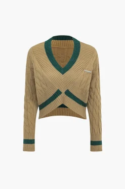 MICAS Knitwear|Knit Tops-Knit V-Neck Patchwork Long-Sleeve Top