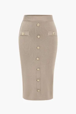 MICAS Knitwear|Knit Sets-Knit V-neck Top And Skirt Set KHAKI