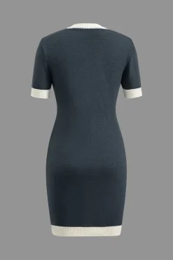 MICAS Knit Dresses-Knitted Contrast Short Sleeve Button Dress STEEL