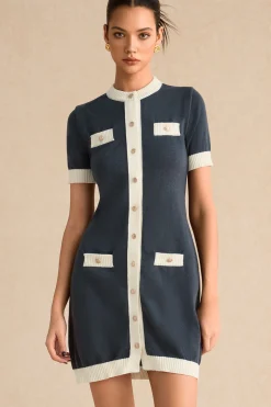MICAS Knit Dresses-Knitted Contrast Short Sleeve Button Dress STEEL