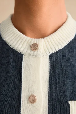 MICAS Knit Dresses-Knitted Contrast Short Sleeve Button Dress STEEL