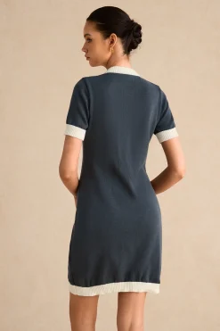 MICAS Knit Dresses-Knitted Contrast Short Sleeve Button Dress STEEL