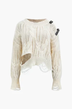 MICAS Knit Tops-Knitted Cut Out Patchwork Belted Long-Sleeve Top IVORY