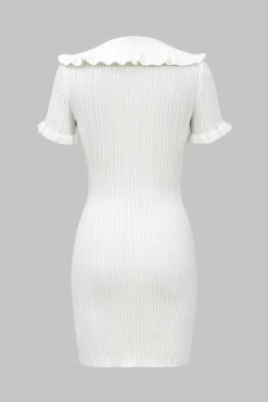 MICAS Knit Dresses-Knitted Metallic Button Ruffle Short Sleeve Dress IVORY
