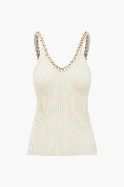 MICAS Knitwear|Knit Tops-Knitted Metallic Chain Detail Tank Top BEIGE