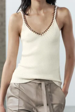 MICAS Knitwear|Knit Tops-Knitted Metallic Chain Detail Tank Top BEIGE
