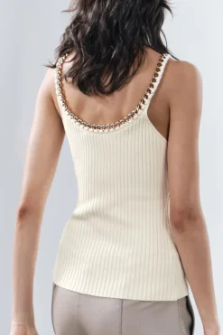 MICAS Knitwear|Knit Tops-Knitted Metallic Chain Detail Tank Top BEIGE