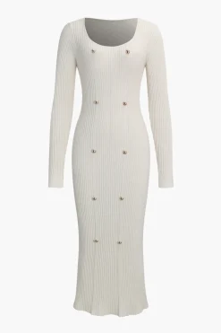 MICAS Long Sleeve Dresses|Knitwear-Knitted Metallic Long Sleeve Sweater Dress BEIGE