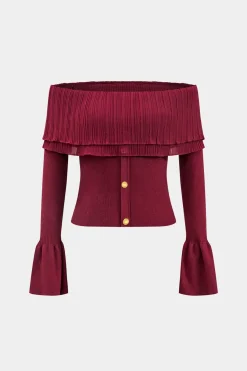 MICAS Knitwear|Knit Tops-Knitted Off Shoulder Patchwork Bell Sleeve Top BURGUNDY