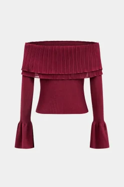 MICAS Knitwear|Knit Tops-Knitted Off Shoulder Patchwork Bell Sleeve Top BURGUNDY