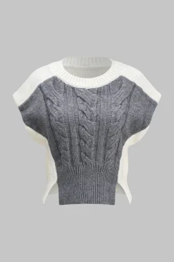 MICAS Knitwear|Knit Tops-Knitted Patchwork Short-Sleeve Top WHITE