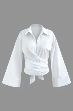 MICAS Long Sleeve Tops|Long Sleeves Tops-Knot Hem Bell Sleeve Wrap Shirt WHITE