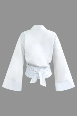 MICAS Long Sleeve Tops|Long Sleeves Tops-Knot Hem Bell Sleeve Wrap Shirt WHITE