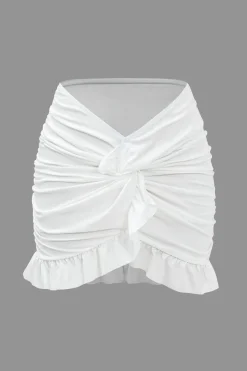 MICAS Skirt Sets-Knot Long Sleeve Top And Ruffle Ruched Detail Skirt Set WHITE