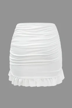 MICAS Skirt Sets-Knot Long Sleeve Top And Ruffle Ruched Detail Skirt Set WHITE