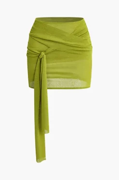 MICAS Skirt Sets-Knot Ruched Off Shoulder Top And Mini Skirt Set GREEN