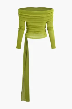 MICAS Skirt Sets-Knot Ruched Off Shoulder Top And Mini Skirt Set GREEN