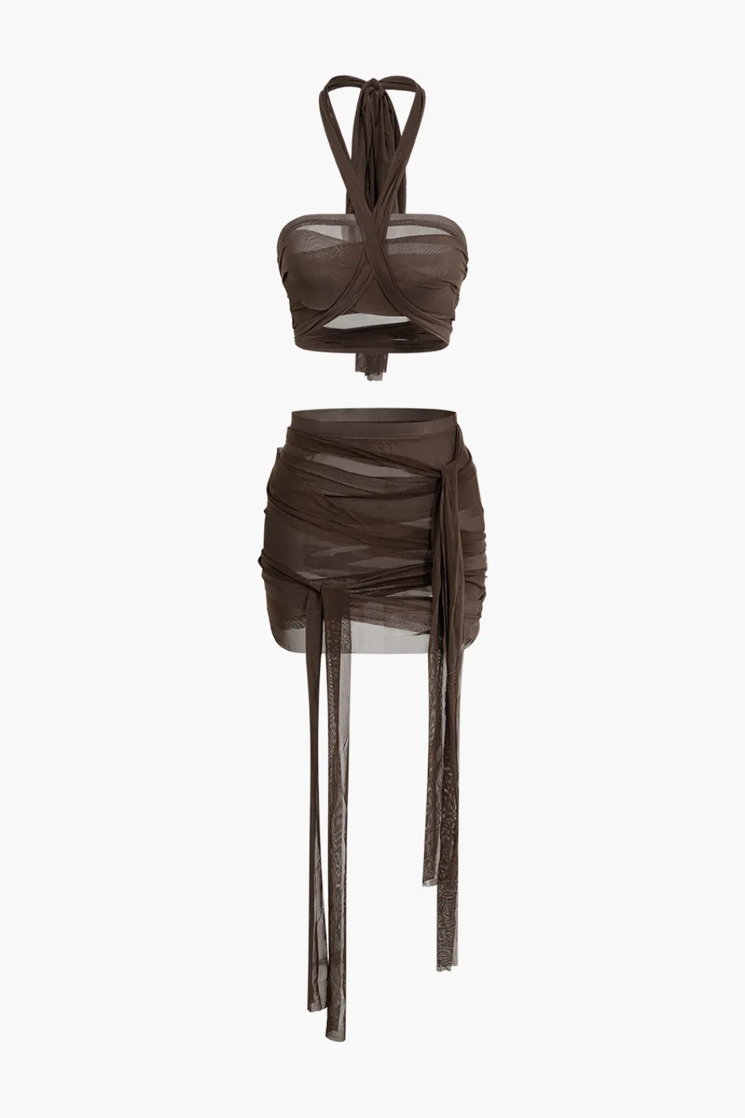 MICAS Skirt Sets|Vacation Sets-Knot Tie Halter Mesh Tank Top And Mini Skirt Set COFFEE