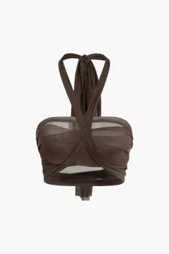 MICAS Skirt Sets|Vacation Sets-Knot Tie Halter Mesh Tank Top And Mini Skirt Set COFFEE