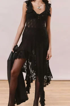 MICAS Midi Dresses-Lace Asymmetrical Tie-Up Midi Dress BLACK