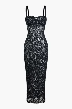 MICAS Maxi Dresses-Lace Bustier Slit Slip Maxi Dress BLACK