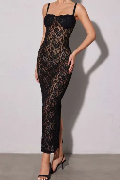 MICAS Maxi Dresses-Lace Bustier Slit Slip Maxi Dress BLACK