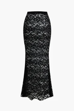 MICAS Skirt Sets-Lace Crop Top And High-Waisted Skirt Set BLACK