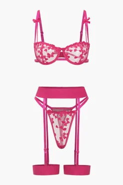 MICAS Lingerie & Sleepwear-Lace Embroidery Bustier Belted Lingerie Garter Set RASPBERRY