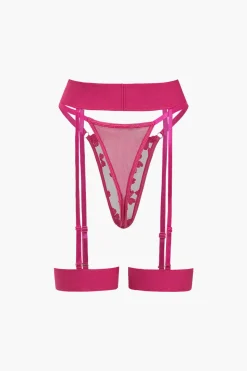 MICAS Lingerie & Sleepwear-Lace Embroidery Bustier Belted Lingerie Garter Set RASPBERRY