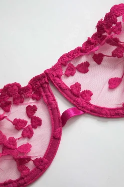 MICAS Lingerie & Sleepwear-Lace Embroidery Bustier Belted Lingerie Garter Set RASPBERRY