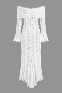 MICAS Long Sleeve Dresses|Maxi Dresses-Lace Long Sleeve Strapless Maxi Dress WHITE