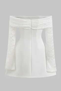 MICAS Long Sleeve Dresses|Mini Dresses-Lace Off Shoulder Patchwork Long Sleeve Mini Dress WHITE