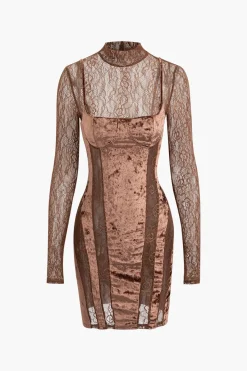 MICAS Long Sleeve Dresses|Mini Dresses-Lace Panel Velvet Mock Neck Long Sleeve Mini Dress BROWN