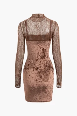 MICAS Long Sleeve Dresses|Mini Dresses-Lace Panel Velvet Mock Neck Long Sleeve Mini Dress BROWN