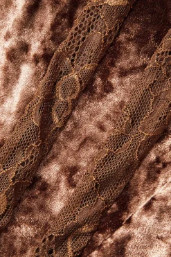 MICAS Long Sleeve Dresses|Mini Dresses-Lace Panel Velvet Mock Neck Long Sleeve Mini Dress BROWN