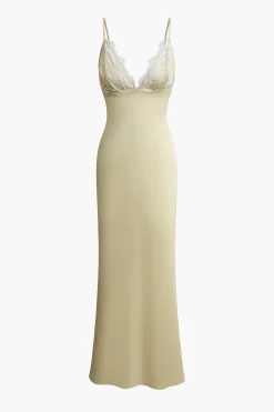 MICAS Maxi Dresses-Lace Patchwork V-neck Slip Maxi Dress BEIGE