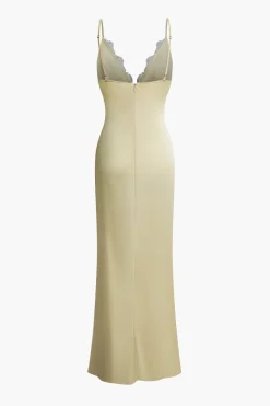 MICAS Maxi Dresses-Lace Patchwork V-neck Slip Maxi Dress BEIGE