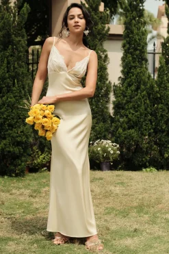 MICAS Maxi Dresses-Lace Patchwork V-neck Slip Maxi Dress BEIGE