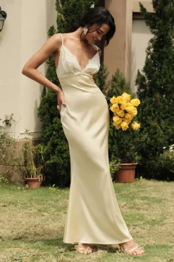 MICAS Maxi Dresses-Lace Patchwork V-neck Slip Maxi Dress BEIGE